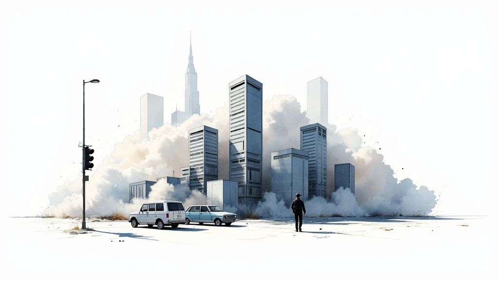 A minimalist watercolor cityscape with tall buildings enveloped in clouds, two cars, and a lone figure.