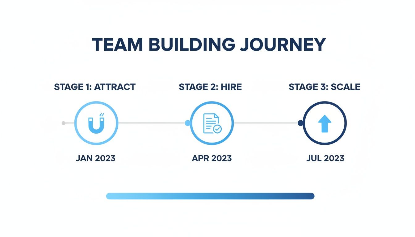 A timeline illustrating a three-stage team building journey: attract, hire, and scale, across 2023.