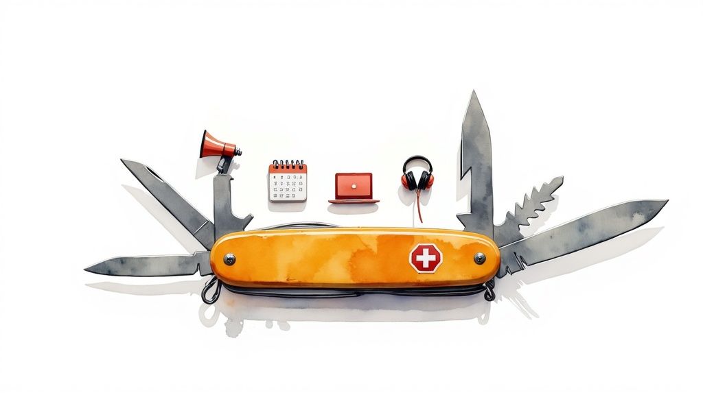 Orange Swiss Army knife with extended tools including megaphone, calendar, laptop, headphones representing multitasking capabilities