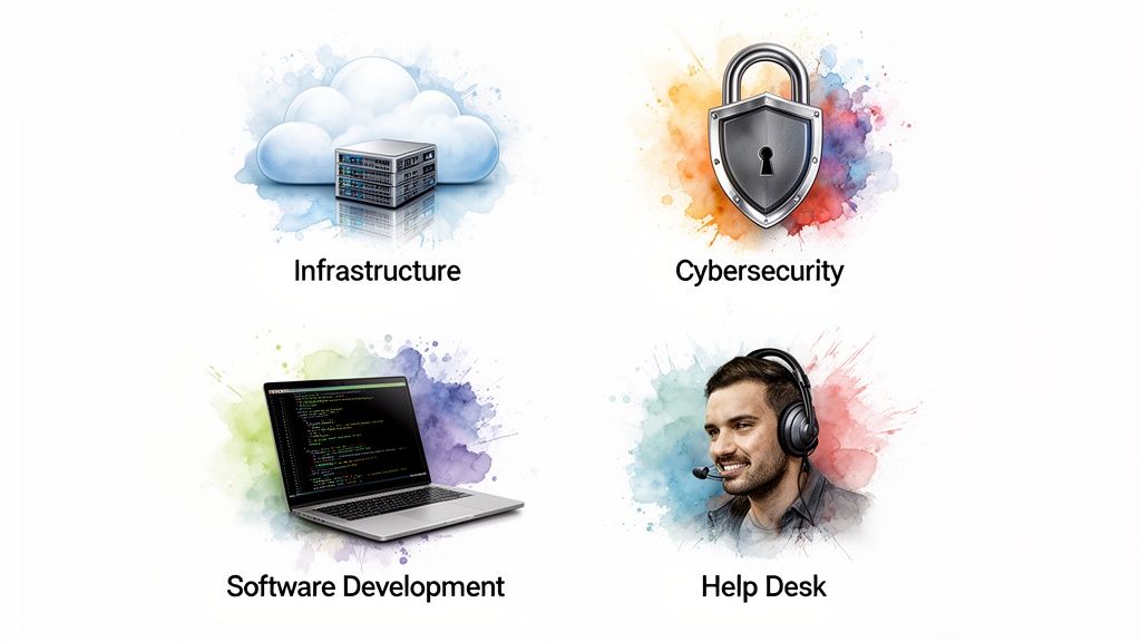 Visual representation of core IT outsourcing services including infrastructure, cybersecurity, software development, and help desk.