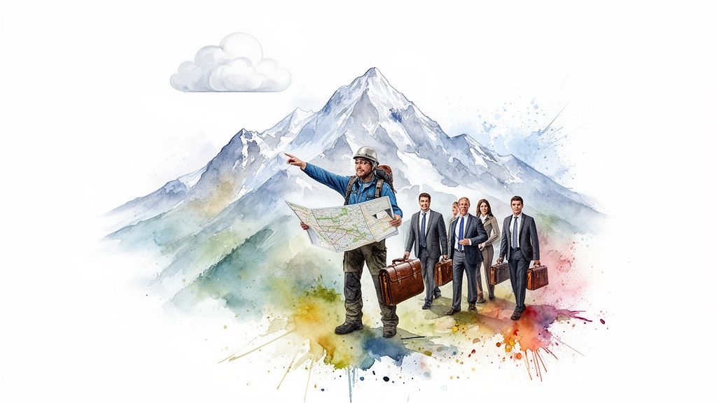 A hiker with a map points the way, leading business professionals toward a watercolor mountain range, symbolizing a journey.