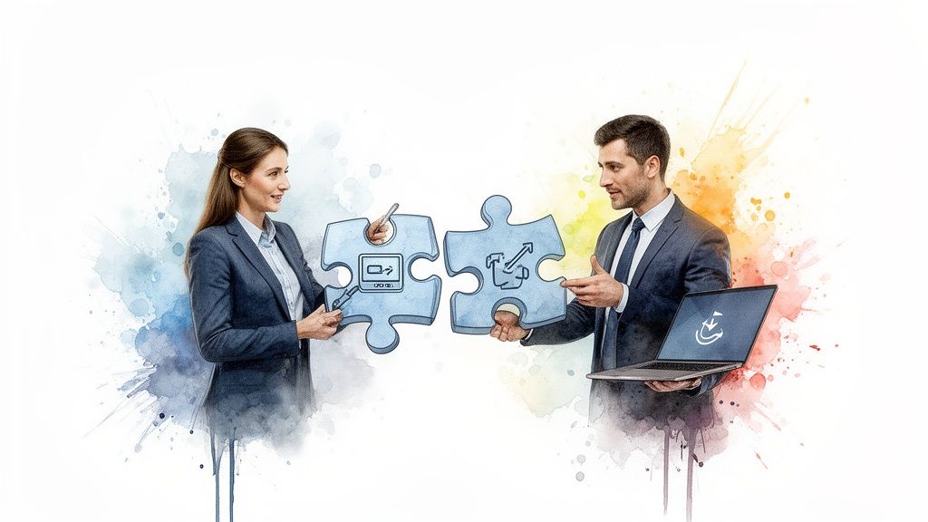 Two business people integrating puzzle pieces with tech and security icons, representing collaborative service solutions.