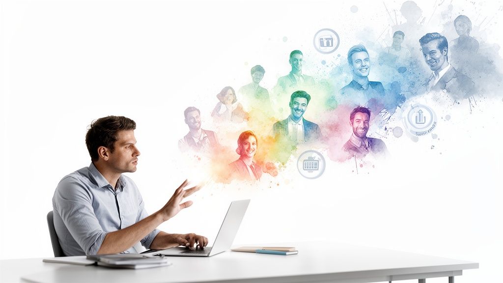Man at laptop interacting with a diverse group of people depicted as colorful watercolor portraits, symbolizing a global team.