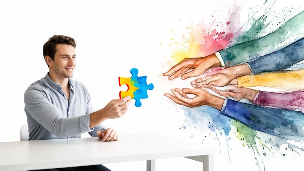 A smiling man offers a colorful puzzle piece to multiple outstretched, watercolor-painted hands, symbolizing collaboration.