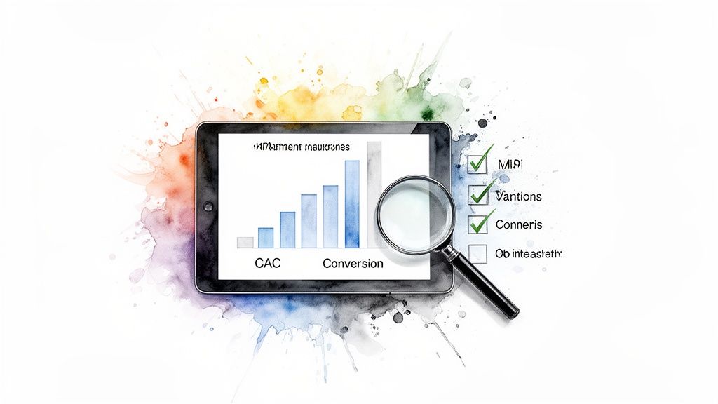 A tablet displays a bar chart with CAC and Conversion, next to a magnifying glass and a checklist.
