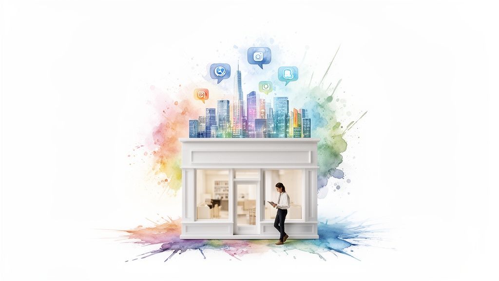 Colorful illustration of a storefront with a vibrant cityscape, social media icons, and a person using a tablet.