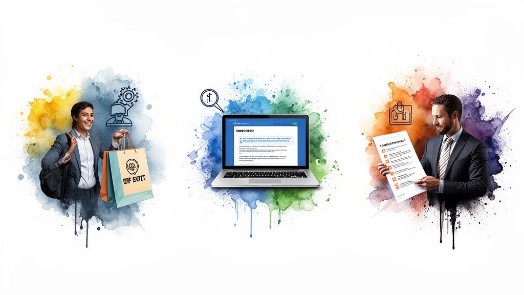 Three scenes show customer interaction, digital process on a laptop, and an agent with a document.