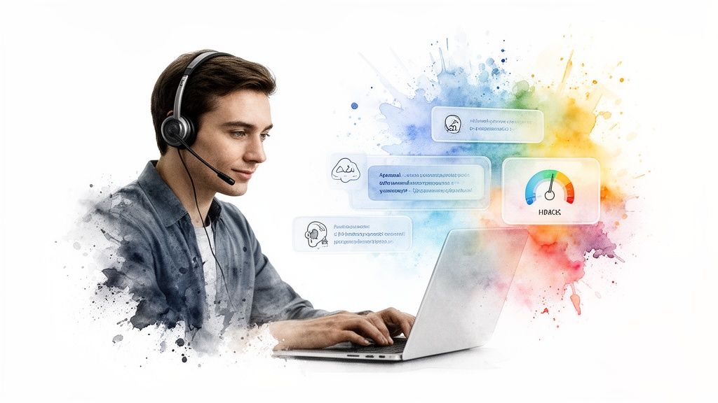 Male agent with headset typing on laptop, surrounded by colorful data visualizations for real-time assistance.