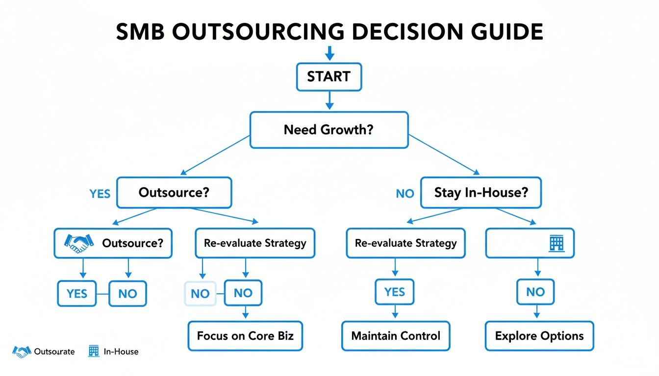 Flowchart illustrating an SMB outsourcing decision guide, detailing steps from growth needs to strategy re-evaluation.