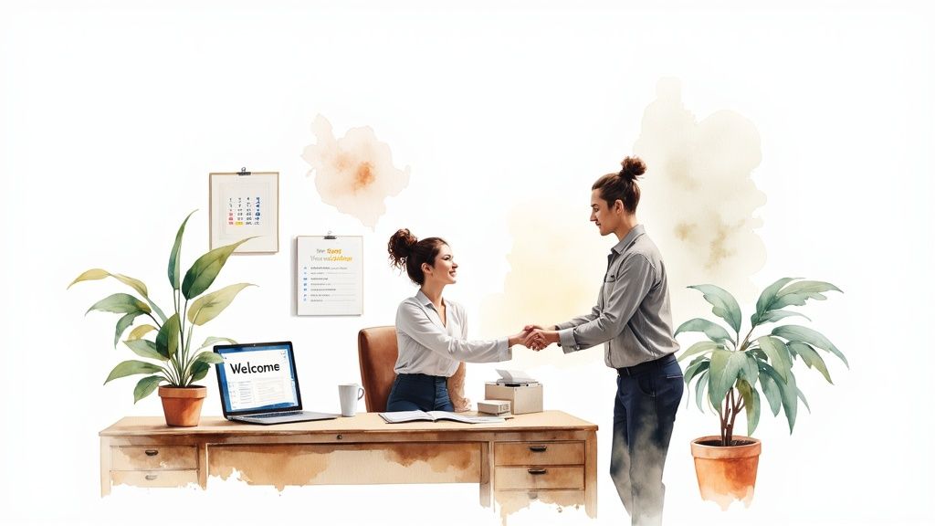 Watercolor illustration of two people shaking hands across a desk, with plants and a laptop.