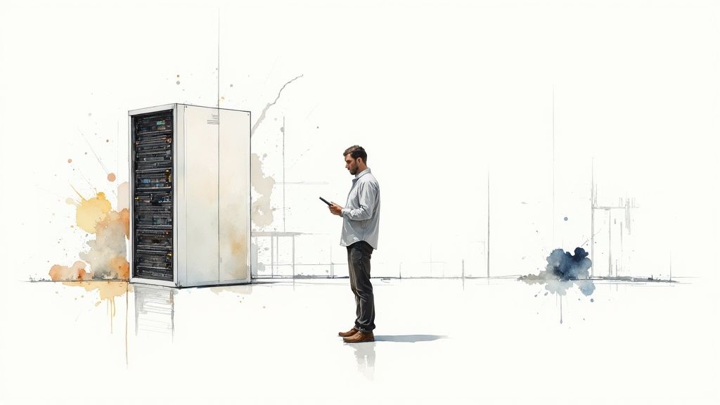 A man stands beside a server rack, looking at a tablet in a minimalist data center setting.