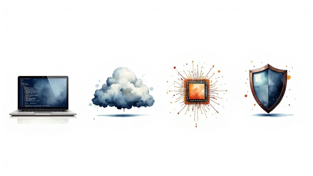 Watercolor illustrations of a laptop with code, cloud, computer chip, and shield, symbolizing digital concepts.
