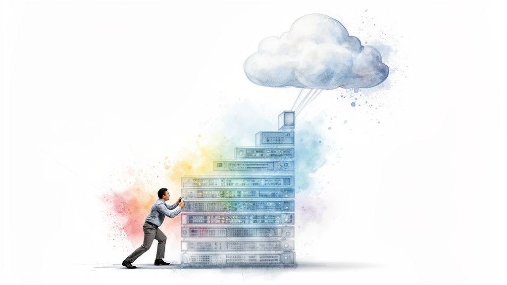 A man pushing a large stack of servers towards a watercolor cloud, symbolizing cloud migration.