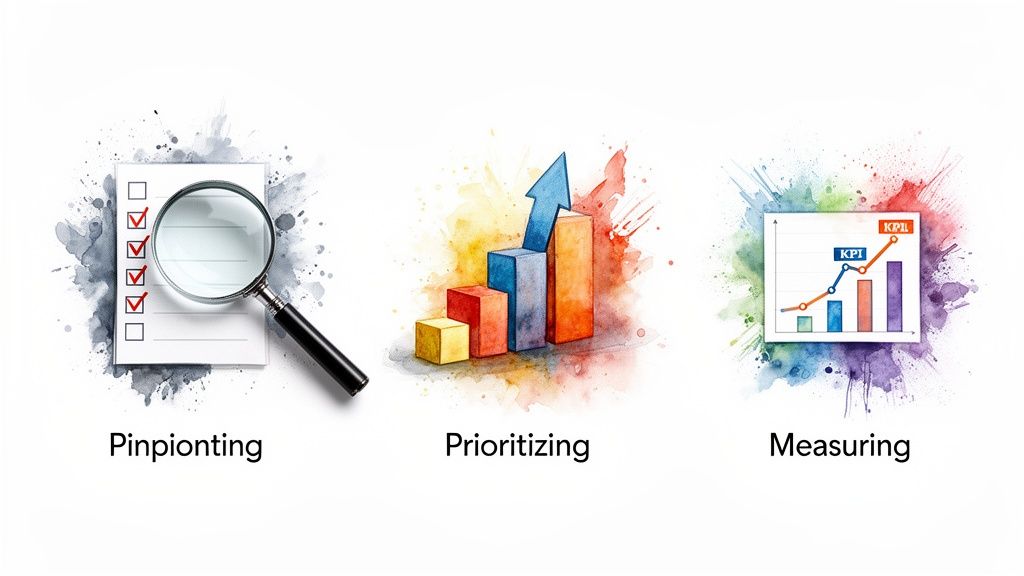 Three watercolor illustrations show business concepts: pinpointing details, prioritizing growth, and measuring KPIs.