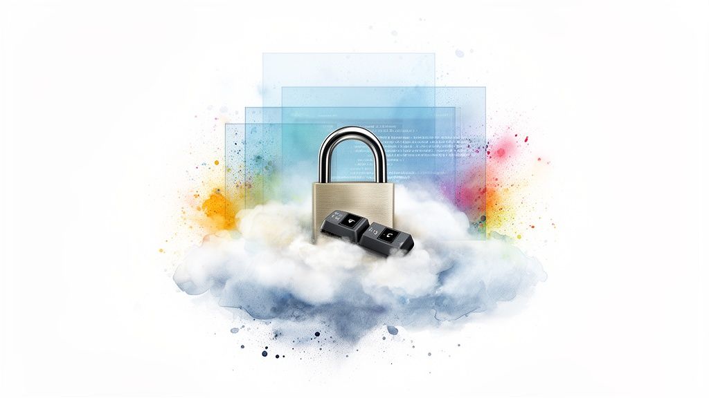 A padlock and security keys on a cloud, symbolizing data protection and cloud security with colorful splashes.