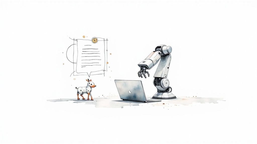 A watercolor illustration depicting a robotic arm interacting with a laptop, observed by a small goat.