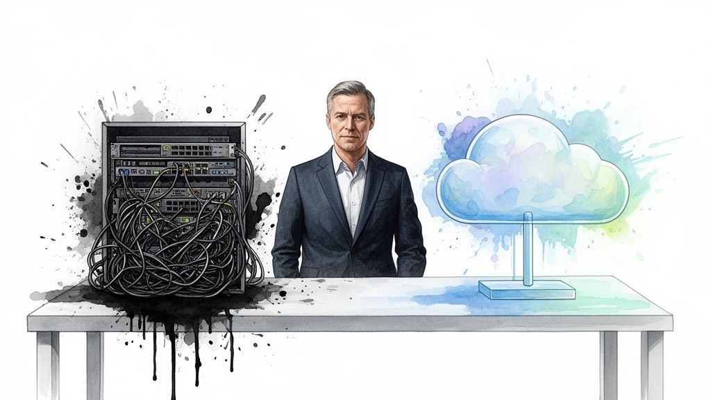A man in a suit comparing a messy server rack with tangled cables to a clean cloud icon on a desk.