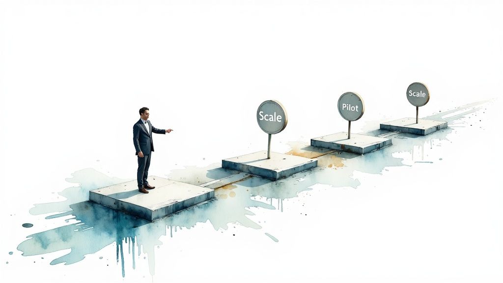 Businessman on concrete steps with 'Scale' and 'Pilot' signs, illustrating a business growth strategy.