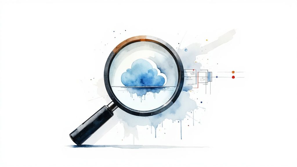 A watercolor illustration of a magnifying glass over a blue cloud, symbolizing cloud data analysis or security.
