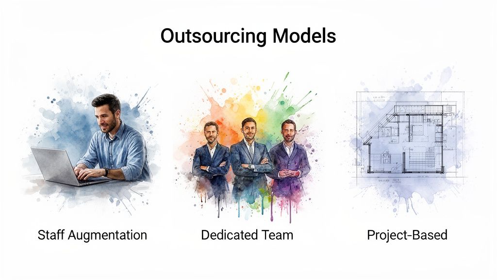 Diagram illustrating different software development outsourcing models including staff augmentation, dedicated teams, and project-based solutions.
