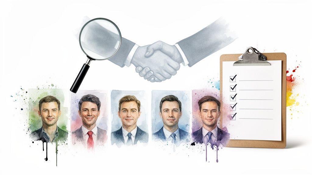 Watercolor portraits of five men, a magnifying glass, handshake, and a checklist.