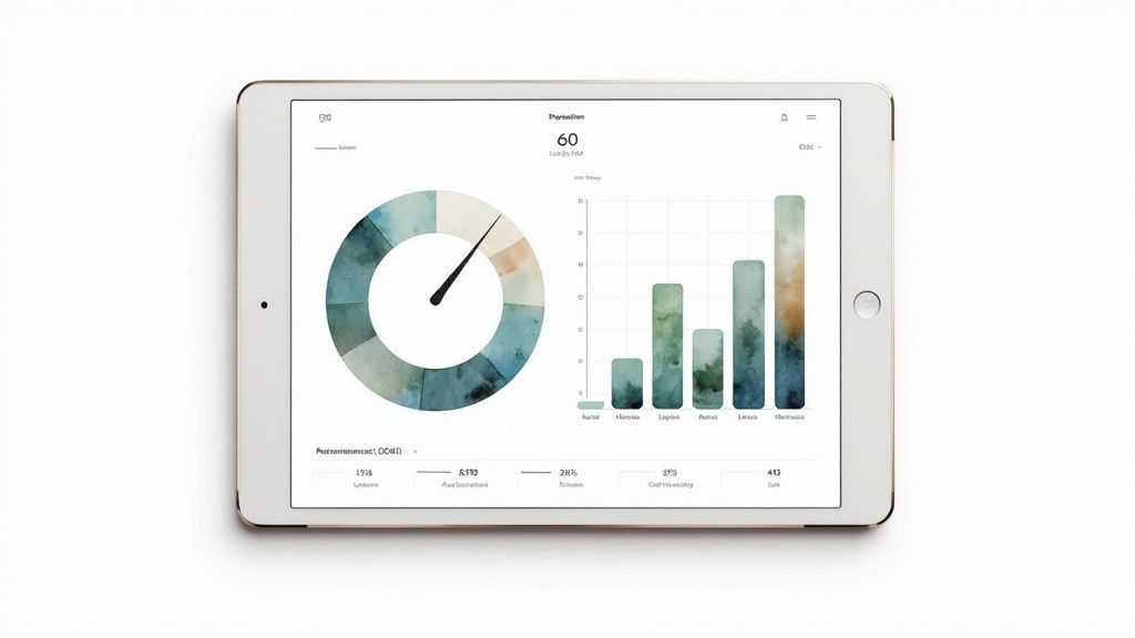 A white tablet displays a data dashboard featuring watercolor-style gauge and bar charts with numerical data.