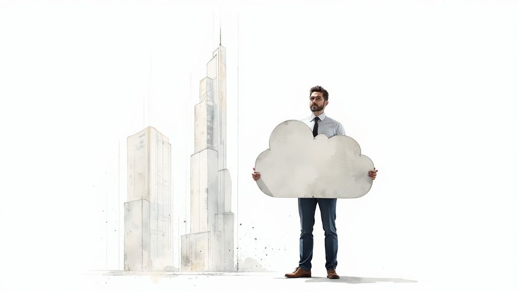 A businessman holding a large cloud symbol stands before modern skyscraper sketches.