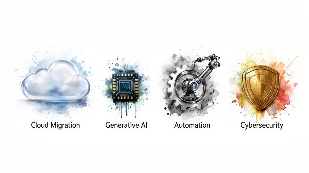 Icons representing cloud migration, generative AI, automation, and cybersecurity services on a white background.
