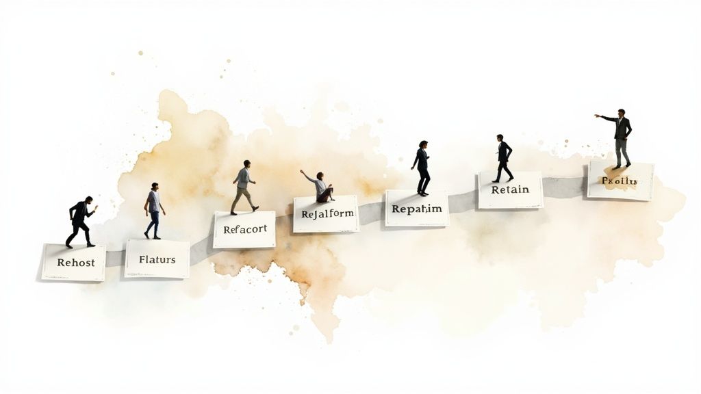 Miniature figures ascend steps labeled with migration strategies, guided by a leader pointing forward.