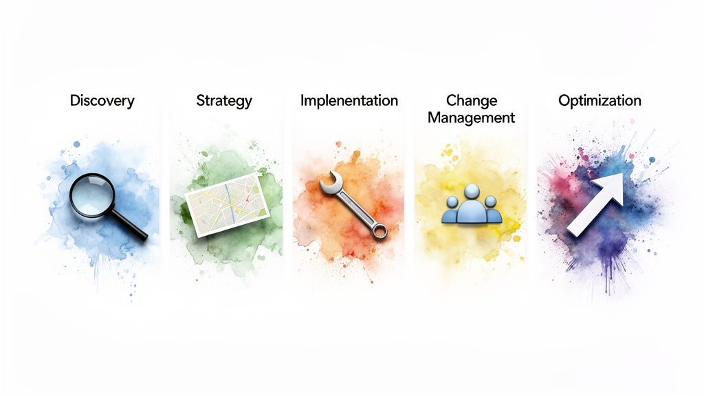 A visual representation of a five-stage business process: Discovery, Strategy, Implementation, Change Management, Optimization.