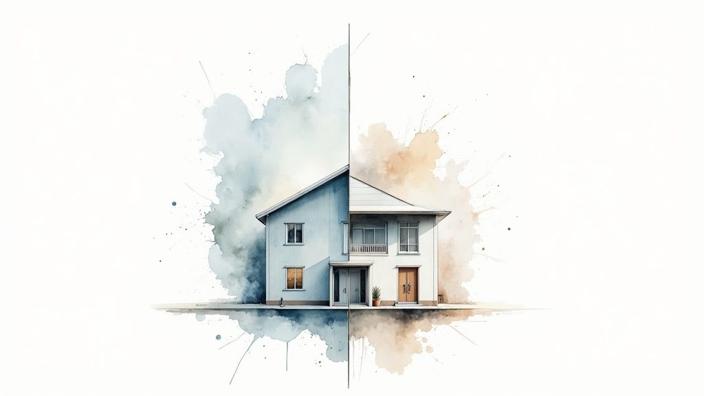 A watercolor illustration of a house split in half, depicting cool blue and warm brown tones.