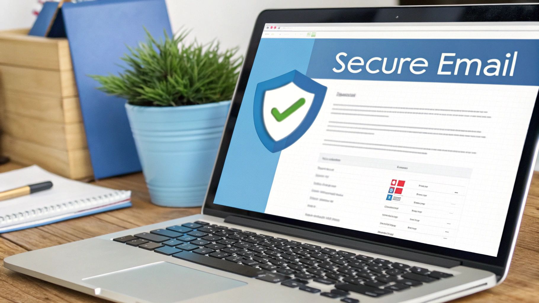 Laptop displaying a 'Secure Email' webpage with a security shield icon on a wooden desk in an office.