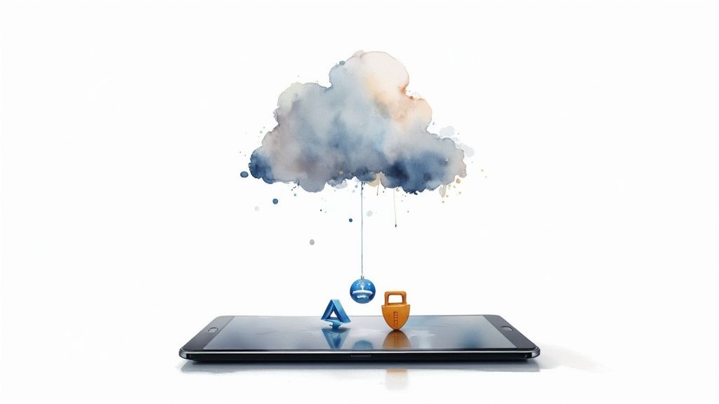 Watercolor cloud with blue sphere, triangle, and orange padlock on a tablet, symbolizing cloud computing.