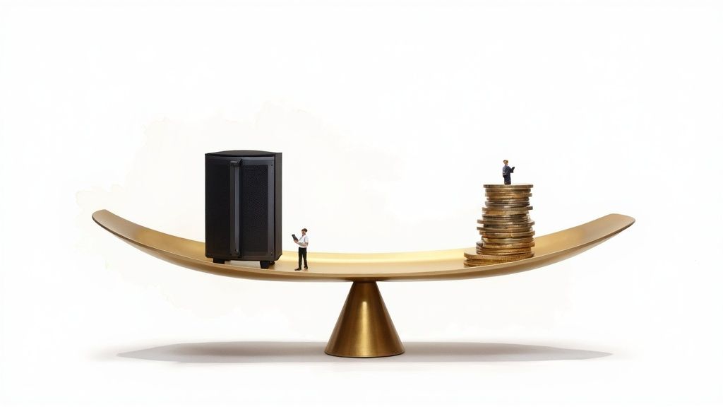 A balance scale weighing on-premises infrastructure against the cost-effective cloud model