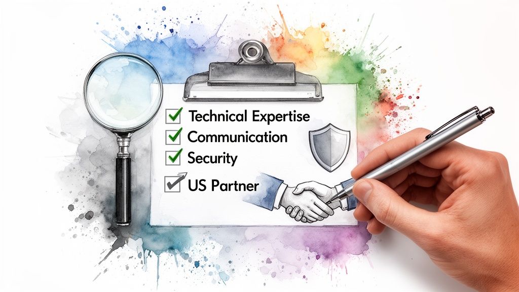 Hand checking a checklist with technical expertise, communication, security, and US partner criteria, with magnifying glass and handshake.