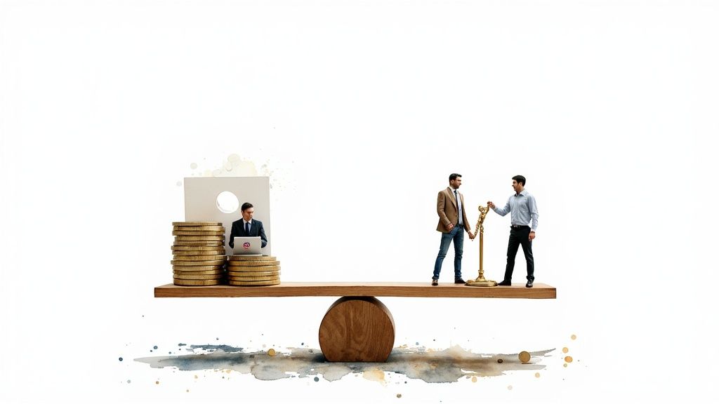 A seesaw balances a laptop user with gold coins against two men with a golden scale.