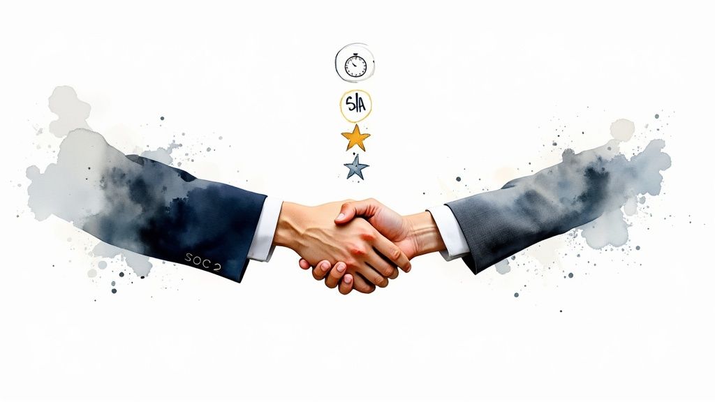 Two business hands shaking with abstract watercolor effects and icons for time, S/A, and stars above, symbolizing partnership.