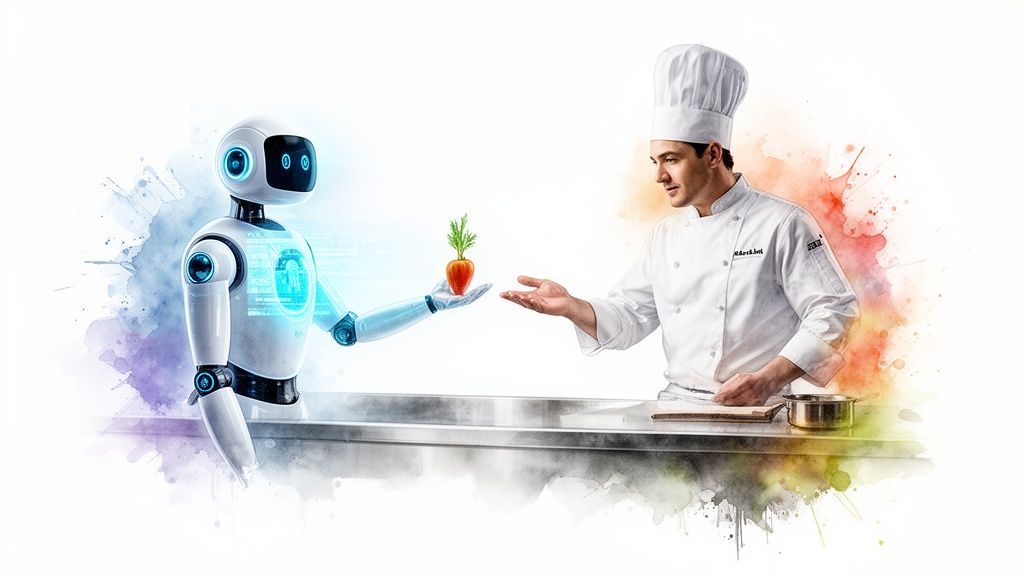 A robot offers a fresh carrot to a chef, symbolizing AI integration in culinary arts.
