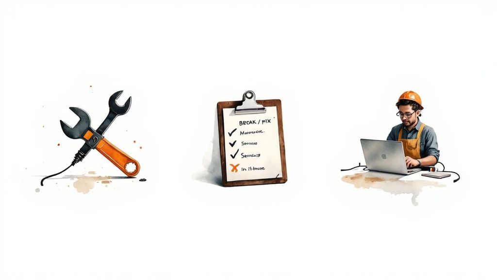Illustrations of an IT wrench tool, a maintenance checklist, and an IT professional working on a laptop.