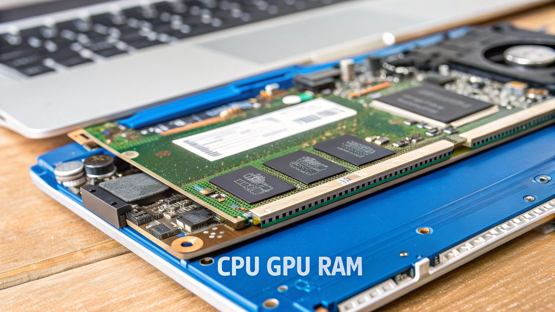 A close-up view of a gaming laptop's motherboard with CPU and GPU highlighted