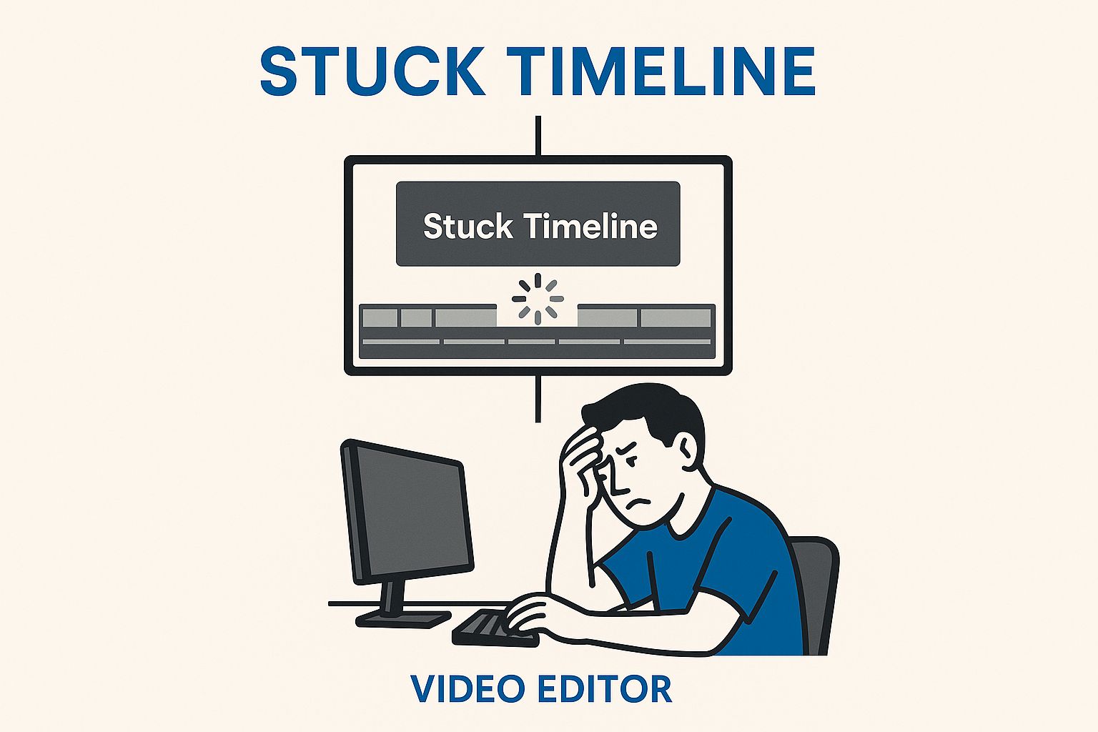 An infographic showing a frustrated video editor staring at a stalled video timeline on their monitor.