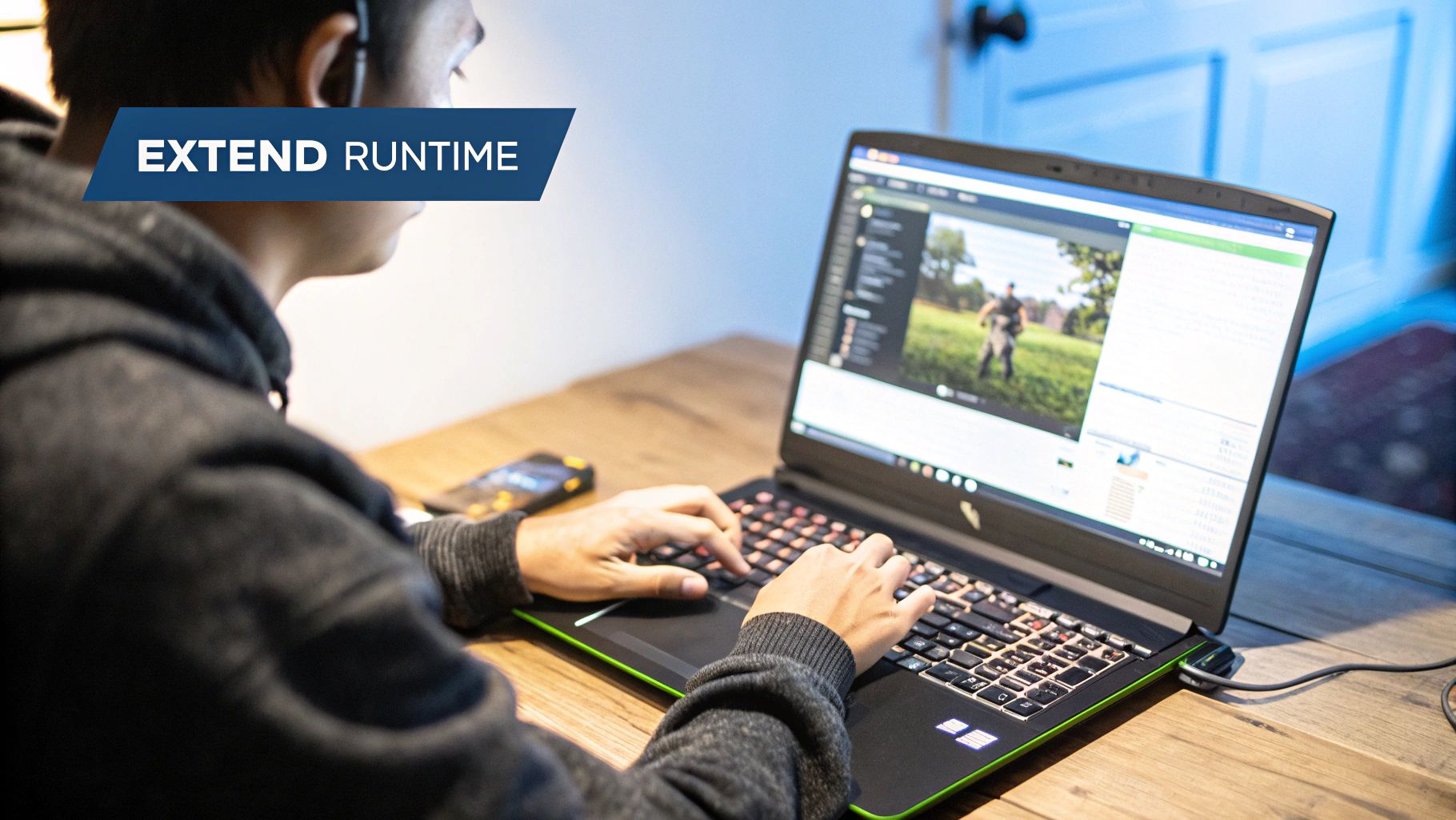 A Holoware gaming laptop in a professional setting, highlighting its sleek design and 'Made in India' quality.