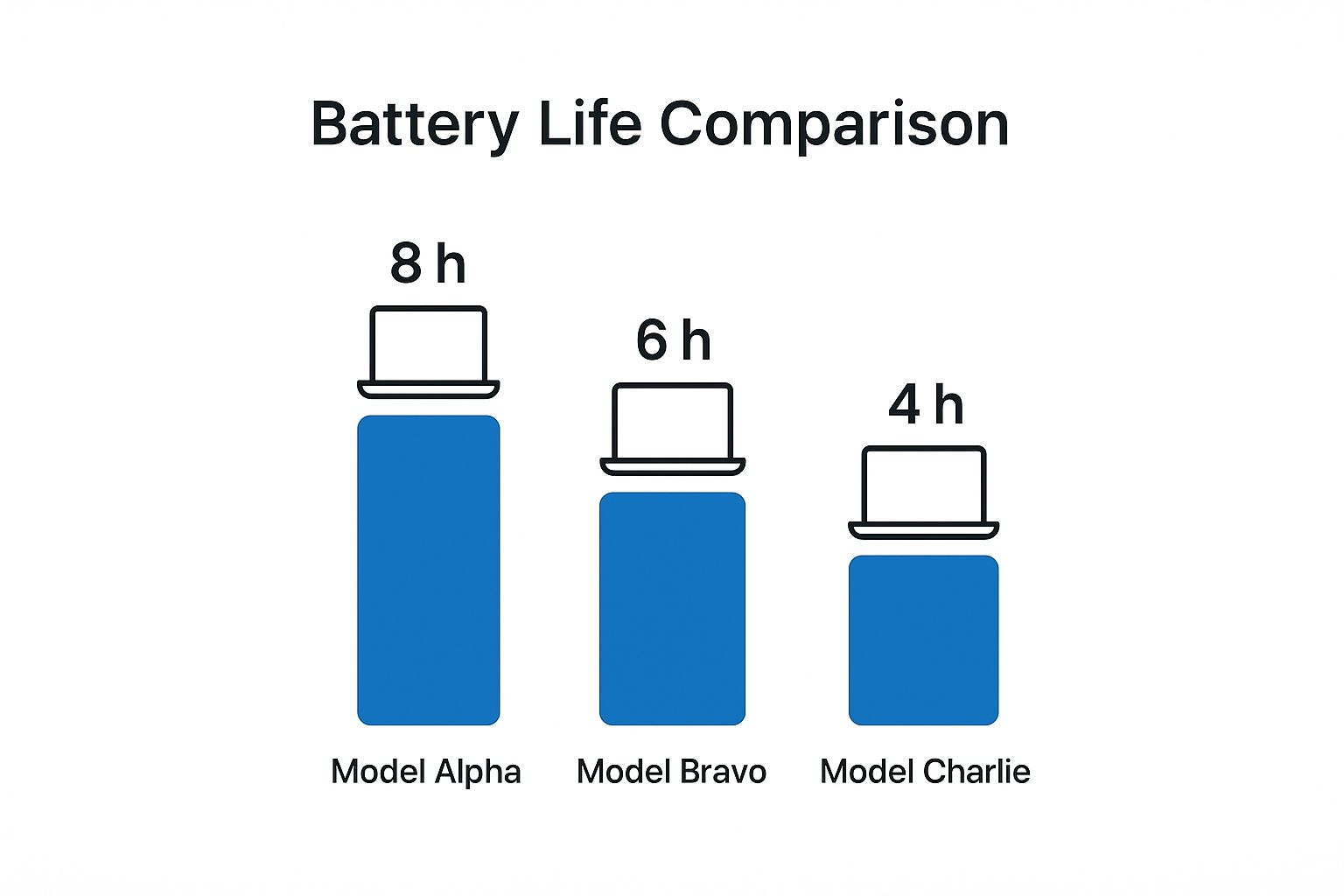 An infographic comparing the battery life of three different gaming laptop models, showing runtimes of 8, 6, and 4 hours.