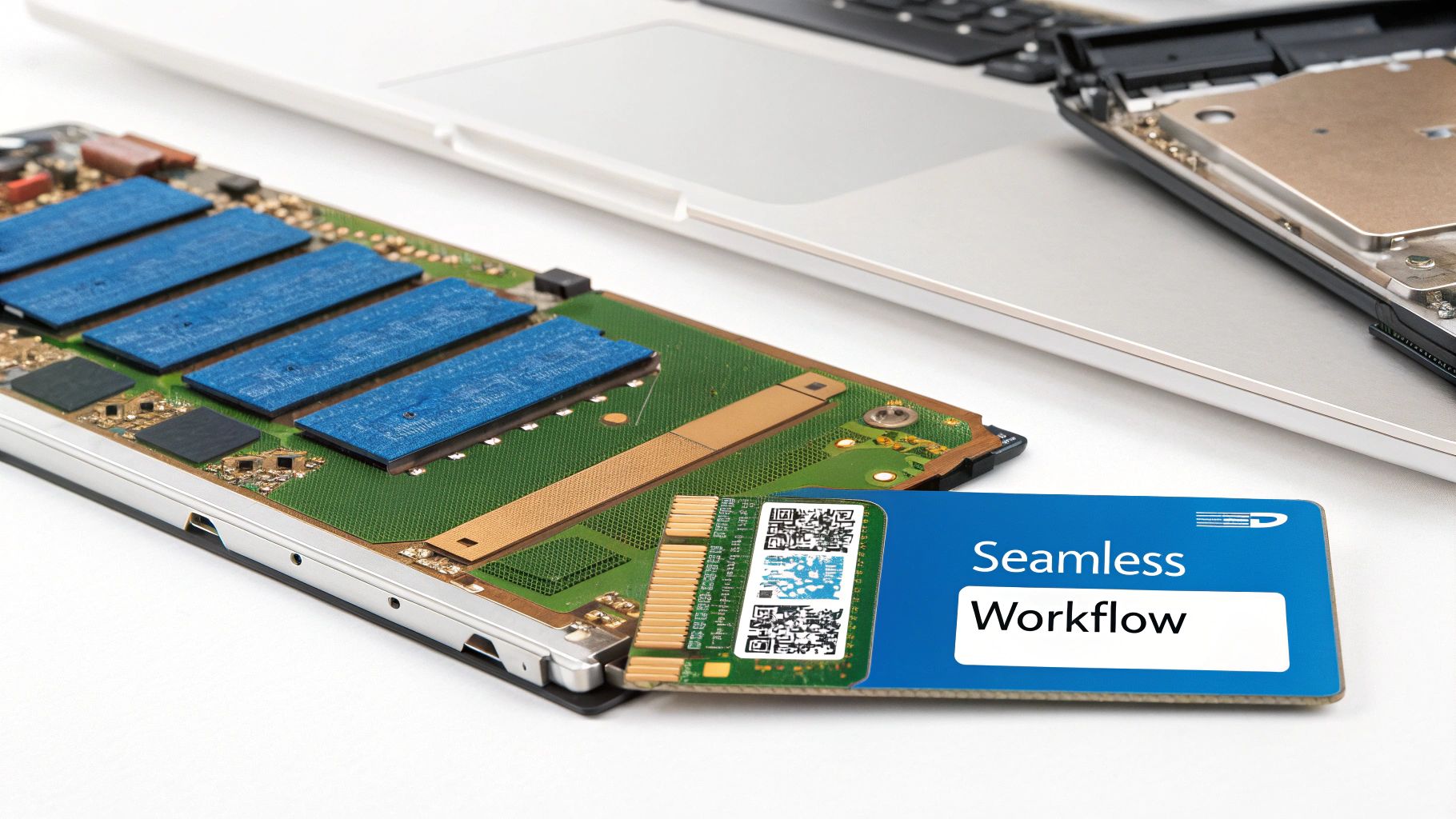 A close-up shot of RAM sticks and an SSD, representing speed and efficiency in a laptop.
