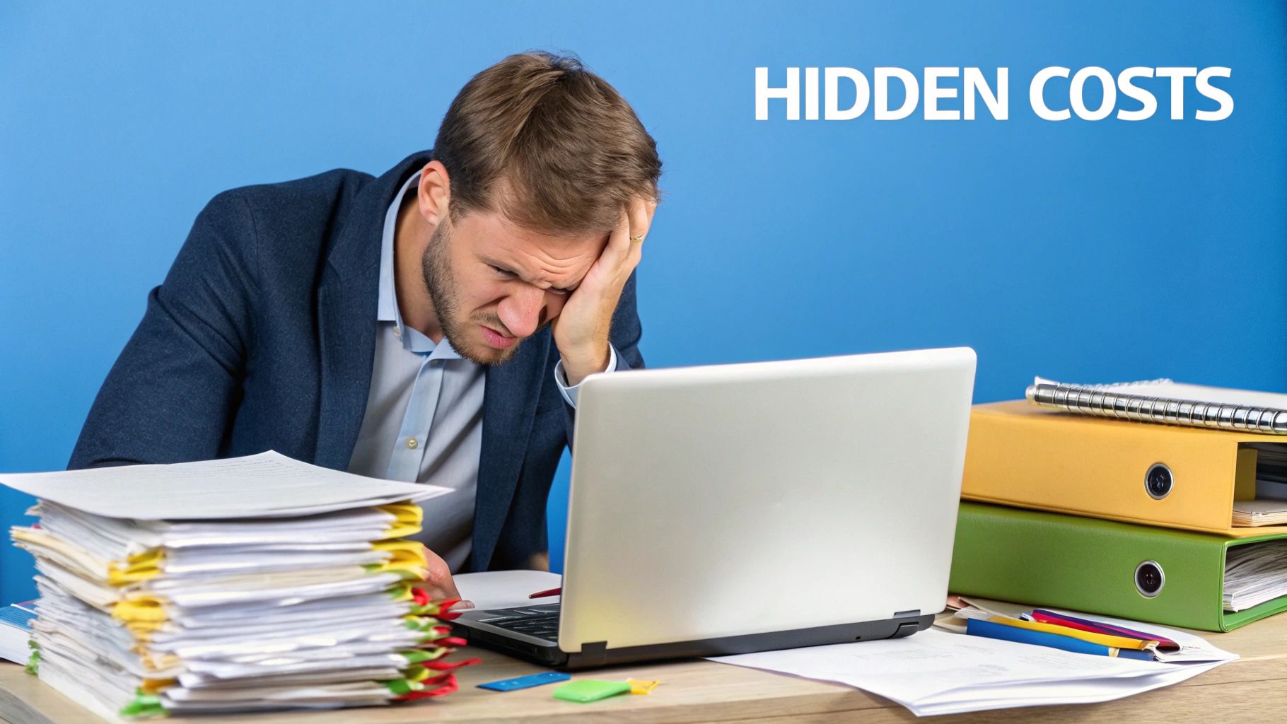 A professional working on a laptop in a modern office, looking concerned at the screen.