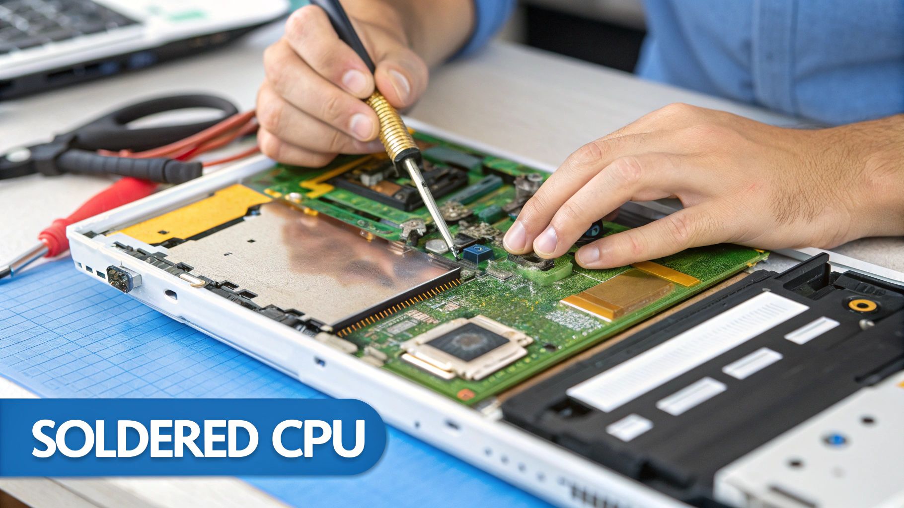 A technician's hands carefully working on an open laptop motherboard, illustrating the complex internal components.