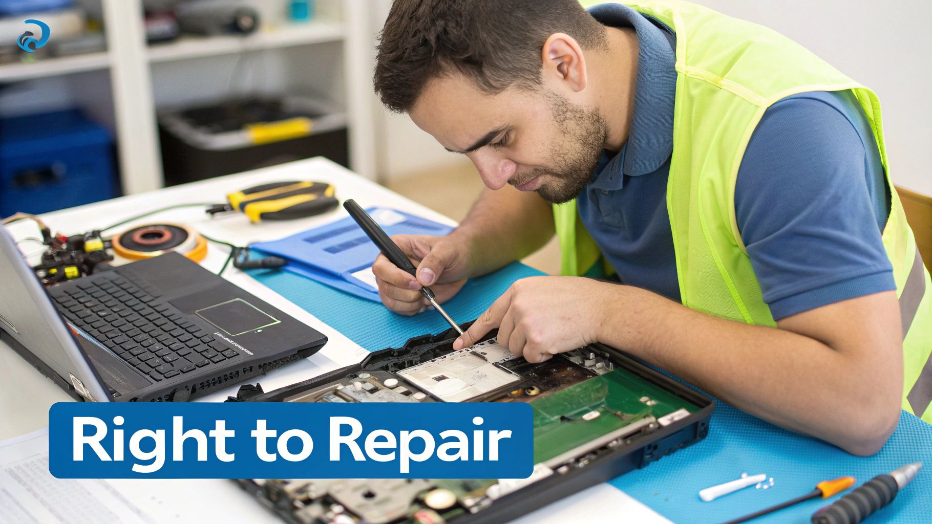 A technician repairing a Holoware laptop on a clean workbench, with tools neatly laid out.