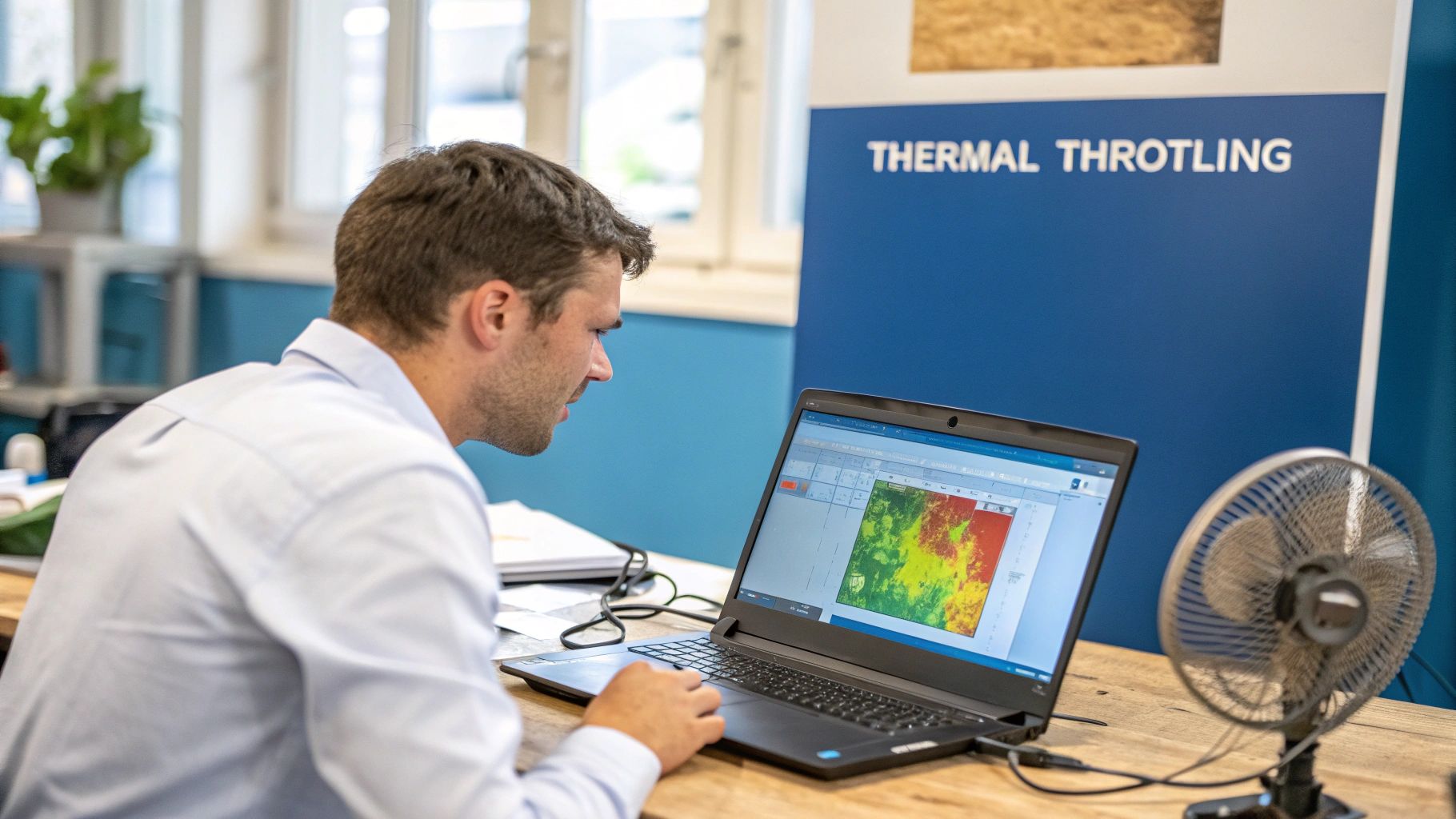 A frustrated professional looking at their overheating laptop while working on complex data on a screen.