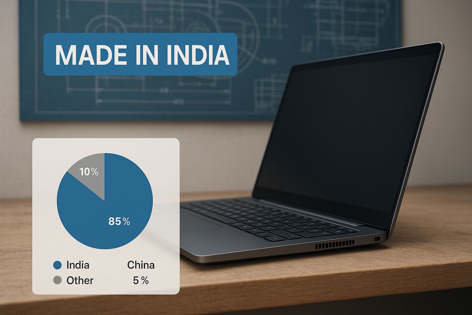 Infographic of a sleek Holoware laptop on a workbench with cooling vents visible, overlaid with text 'Made in India'.