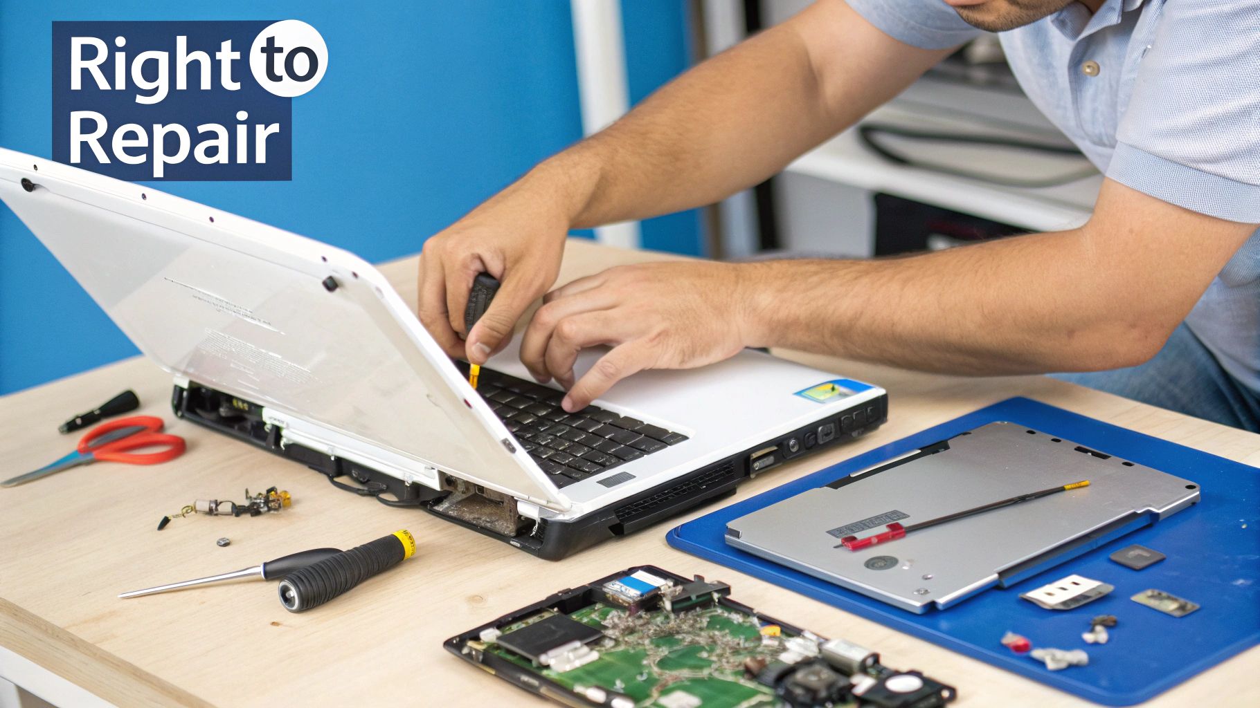 An IT professional confidently working on an open computer chassis in a well-lit workshop.
